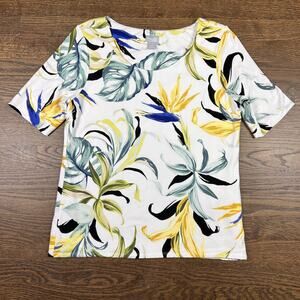 Chicos Shirt Womens Medium White Yellow Green Tropical Floral Print Short Sleeve